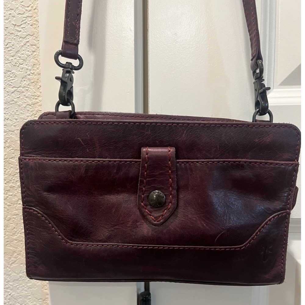 Frye Melissa Crossbody Purse Maroon Red Distressed Leather Zip Pockets